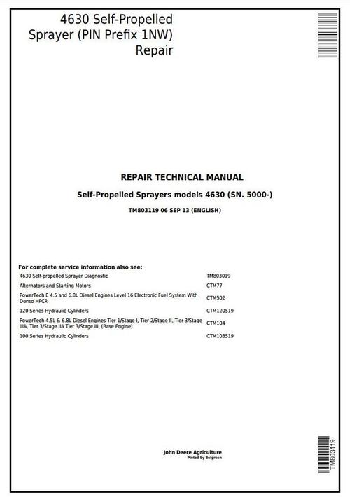 Product picture John Deere 4630 Self-Propelled Sprayers (PIN Prefix 1NW) Service Repair Technical Manual (TM803119)