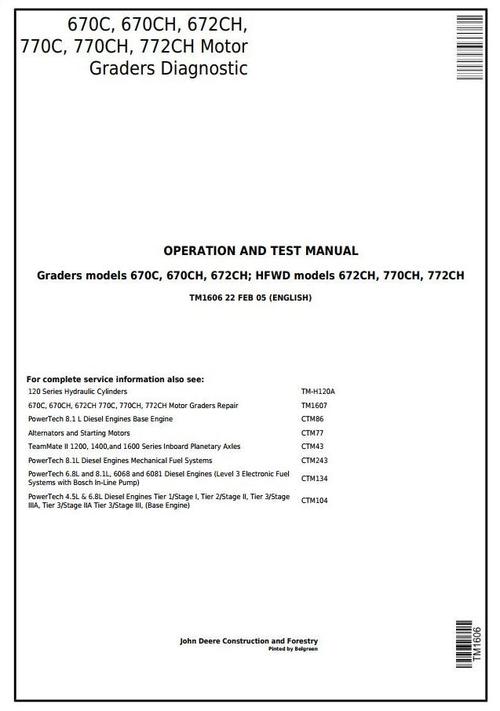 Product picture John Deere 670C, 670CH, 672CH, 770C, 770CH, 772CH Motor Grader Diagnostic Service Manual  (tm1606)
