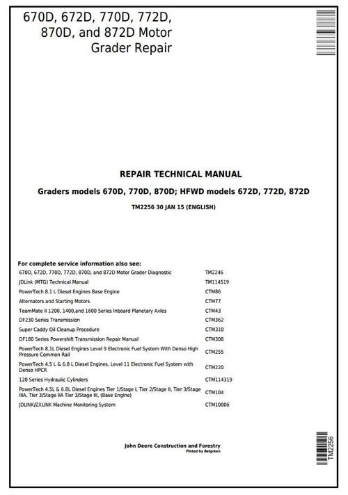 Product picture John Deere 670D, 672D, 770D, 772D, 870D, 872D Motor Grader Service Repair Technical Manual (TM2256)