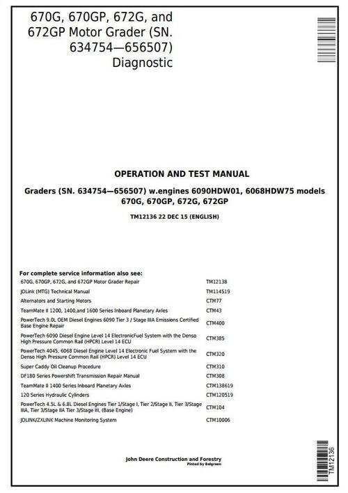 Product picture John Deere 670G,670GP,672G,672GP (SN.634754656507) Motor Grader Diagnostic Service Manual (TM12136)