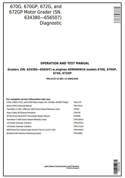 Product picture John Deere 670G,670GP,672G,672GP (SN.634380656507) Motor Grader Diagnostic Service Manual (TM12135)