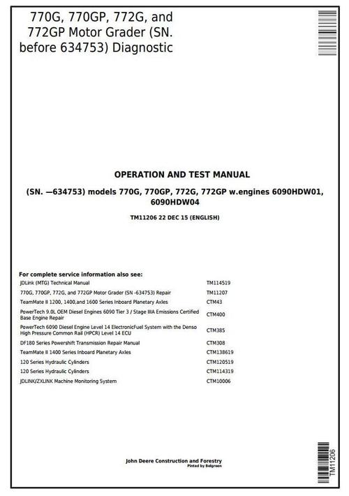 Product picture John Deere 770G,770GP, 772G,772GP (SN.-634753) Motor Grader Diagnostic&Test Service Manual (TM11206)