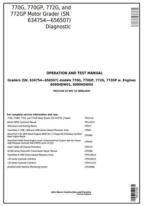 Product picture John Deere 770G,770GP, 772G,772GP (SN.634754-656507) Motor Grader Diagnostic Service Manual(TM12140)