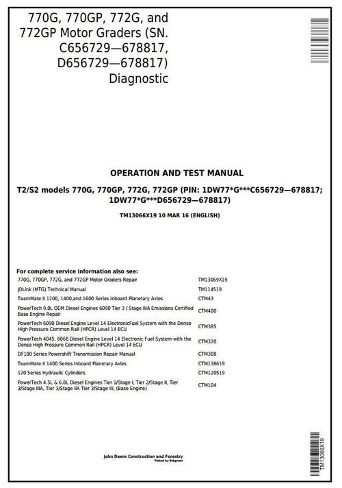 Product picture John Deere 770G, 770GP, 772G, 772GP (SN.656729-678817) Grader Diagnostic Service Manual (TM13066X19)
