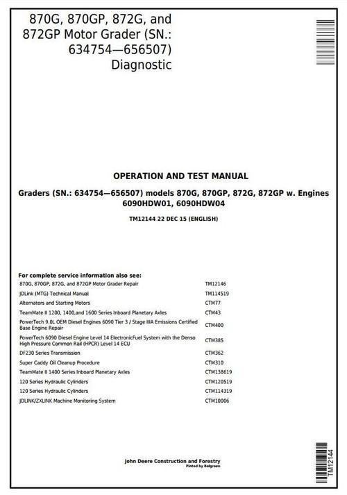 Product picture John Deere 870G,870GP, 872G,872GP (SN.634754-656507) Motor Grader Diagnostic Service Manual(TM12144)