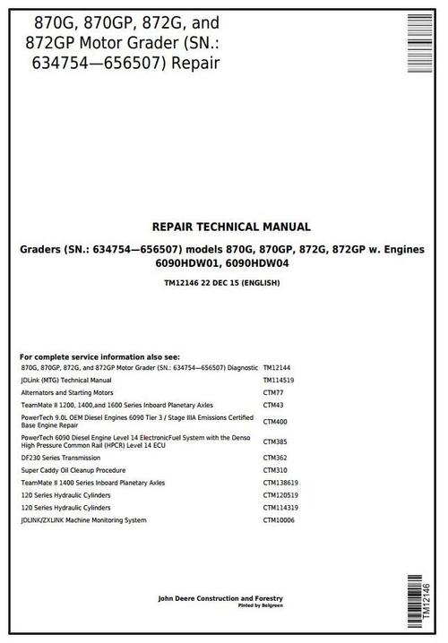 Product picture John Deere 870G, 870GP,872G, 872GP (SN.634754-656507) Motor Grader Repair Technical Manual (TM12146)