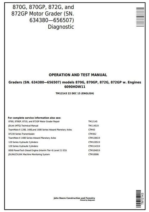 Product picture John Deere 870G,870GP, 872G,872GP (SN.634380-656507)Motor Grader Diagnostic Service Manual (TM12143)