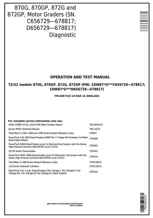 Product picture John Deere 870G,870GP,872G,872GP(SN.656729678817)Motor Grader Diagnostic Service Manual(TM13067X19)