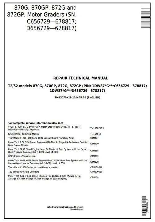 Product picture John Deere 870G,870GP, 872G,872GP (SN.656729-678817) Motor Grader Service Repair Manual (TM13070X19)