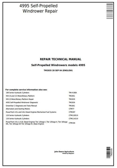 Product picture John Deere 4995 Self-Propelled Windrowers Hay and Forage Service Repair Technical Manual (tm2035)