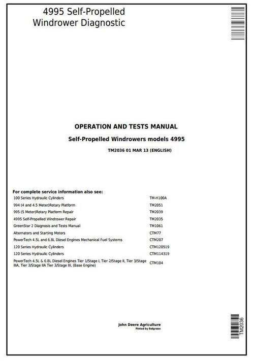 Product picture John Deere 4995 Self-Propelled Windrowers Hay and Forage Diagnostic & Tests Service Manual (TM2036)