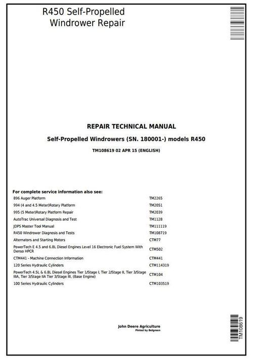 Product picture John Deere R450 Self-Propelled Hay and Forage Windrowers Service Repair Technical Manual (TM108619)