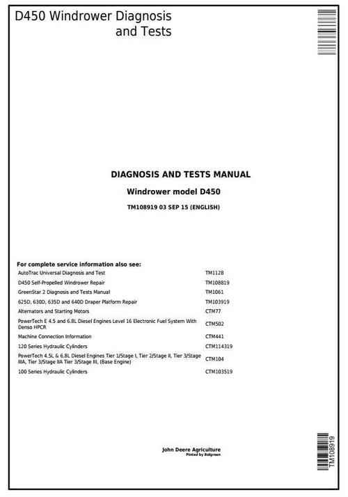 Product picture John Deere D450 Self-Propelled Hay and Forage Windrower Diagnostic & Tests Service Manual (TM108919)