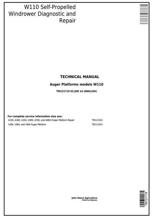 Product picture John Deere W110 Self-Propelled Hay&Forage Windrowers Diagnostic & Repair Technical Manual (TM121719)