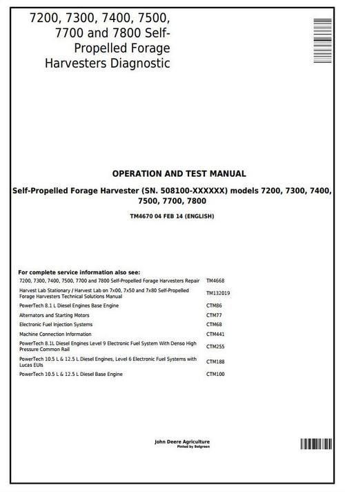 Product picture John Deere 7200,7300,7400,7500,7700,7800 Self-Propelled Forage Harvesters Diagnostic Manual (TM4670)