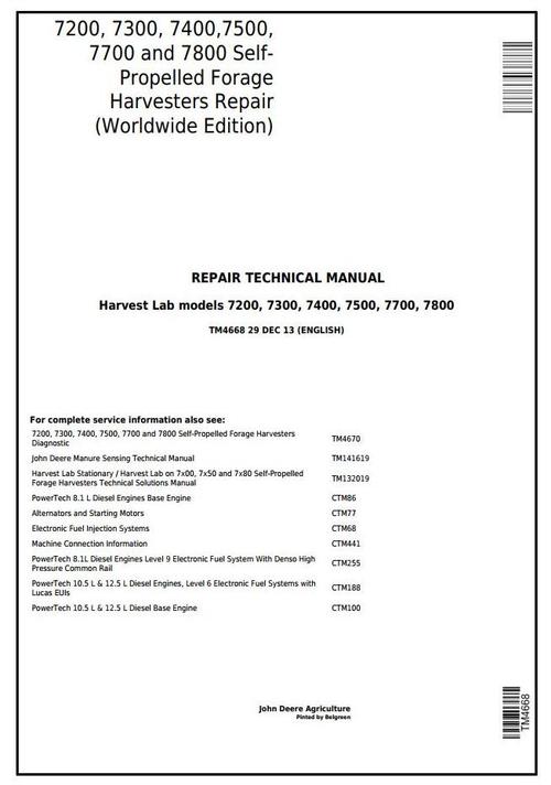 Product picture John Deere 7200, 7300, 7400, 7500, 7700, 7800 Self-Propelled Forage Harvester Repair Manual (TM4668)