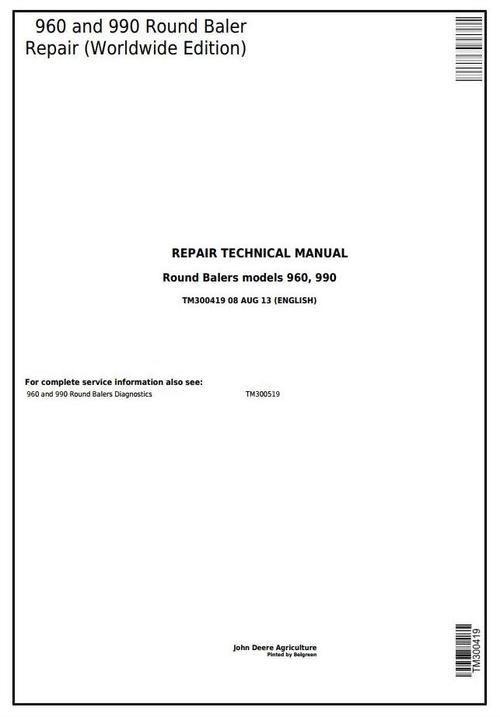 Product picture John Deere 960 and 990 Hay and Forage Round Baler Service Repair Technical Manual (TM300419)