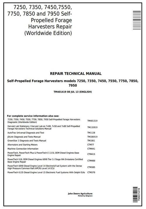 Product picture John Deere 7250, 7350,7450, 7550, 7750,7850, 7950 Forage Harvesters Service Repair Manual (TM401419)