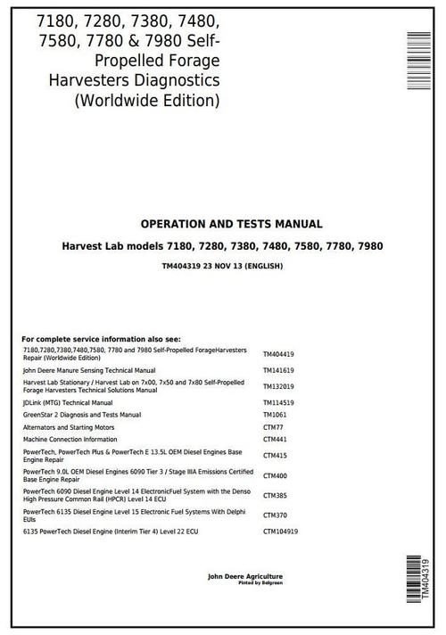 Product picture John Deere 7180,7280,7380,7480,7580,7780,7980 Forage Harvesters Diagnostic Service Manual (TM404319)