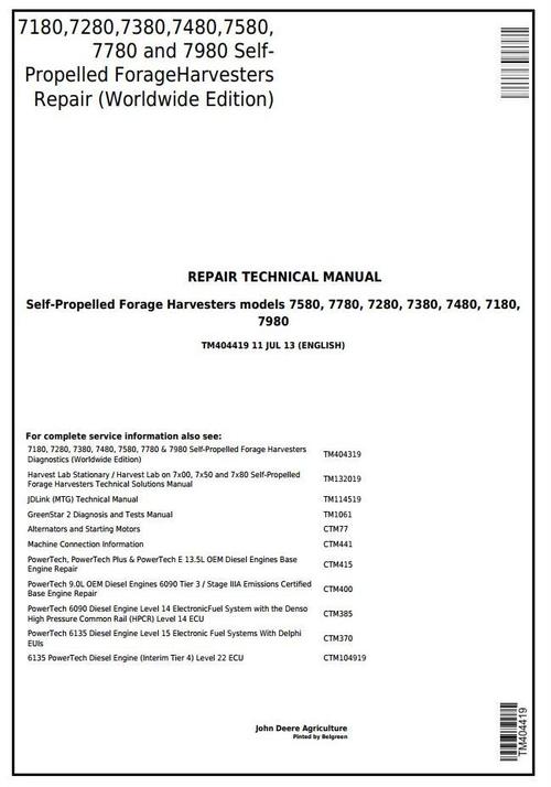 Product picture John Deere 7180, 7280, 7380, 7480, 7580, 7780,7980 Forage Harvester Service Repair Manual (TM404419)