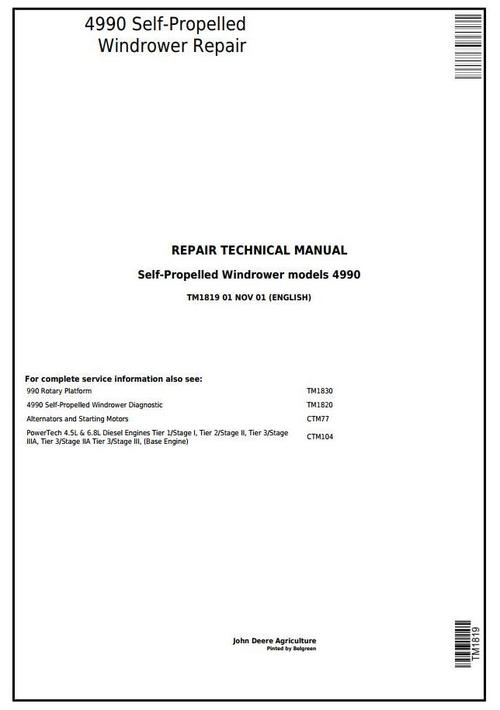 Product picture John Deere 4990 Self-Propelled Hay and Forage Windrower Service Repair Technical Manual (tm1819)