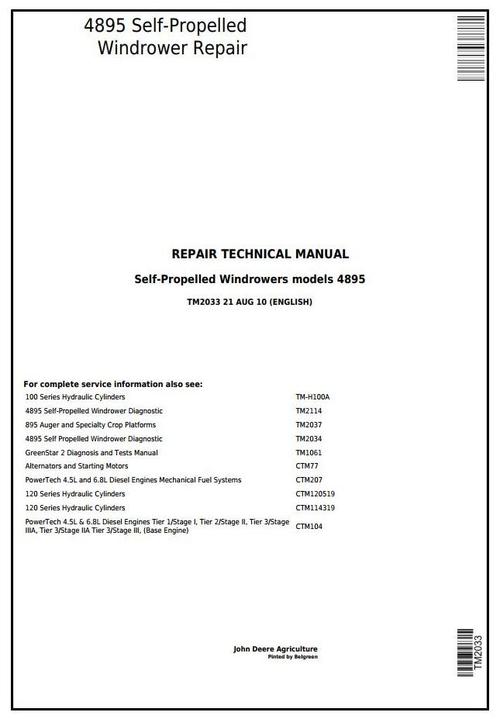 Product picture John Deere 4895 Self-Propelled Hay and Forage Windrower (SN.-180000) Service Repair Manual (TM2033)