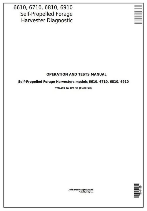 Product picture John Deere 6610, 6710, 6810, 6910 Self-Propelled Forage Harvester Diagnostic Service Manual (tm4489)