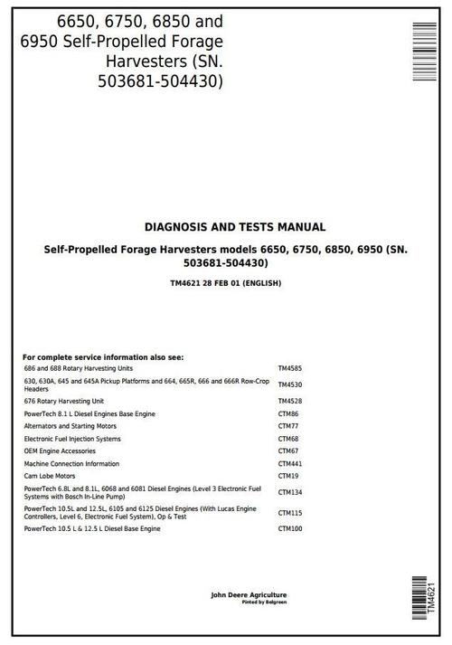 Product picture John Deere 6650,6750,6850,6950 Forage Harvesters (SN.503681-504430)Diagnostic Service Manual(tm4621)