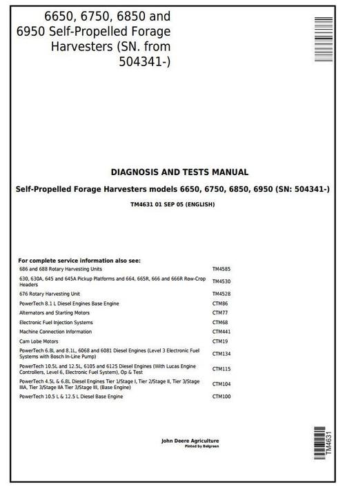 Product picture John Deere 6650,6750,6850,6950 Self-Propelled Forage Harvester (SN.504341-)Diagnostic Manual(tm4631)
