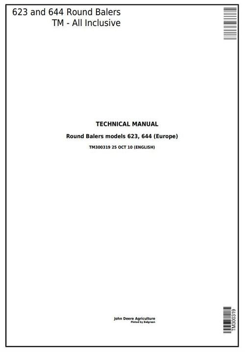 Product picture John Deere 623, 644  Hay and Forage Round Balers All Inclusive Technical Service Manual (TM300319)