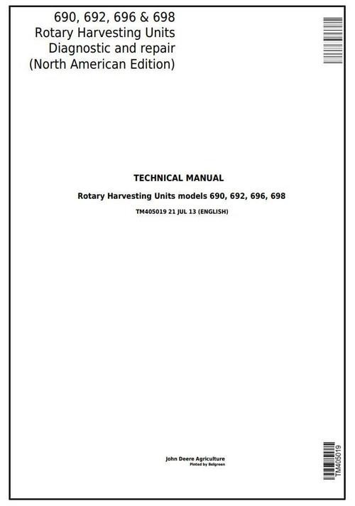 Product picture John Deere 690, 692, 696, 698 Rotary Harvesting Units Diagnostic & Repair Technical Manual(TM405019)