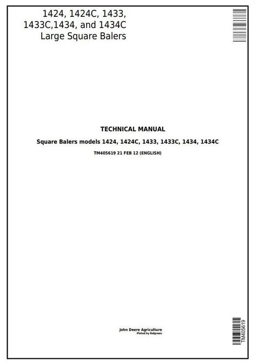 Product picture John Deere 1424,1424C, 1433,1433C, 1434,1434C Large Square Balers Technical Service Manual(TM405619)